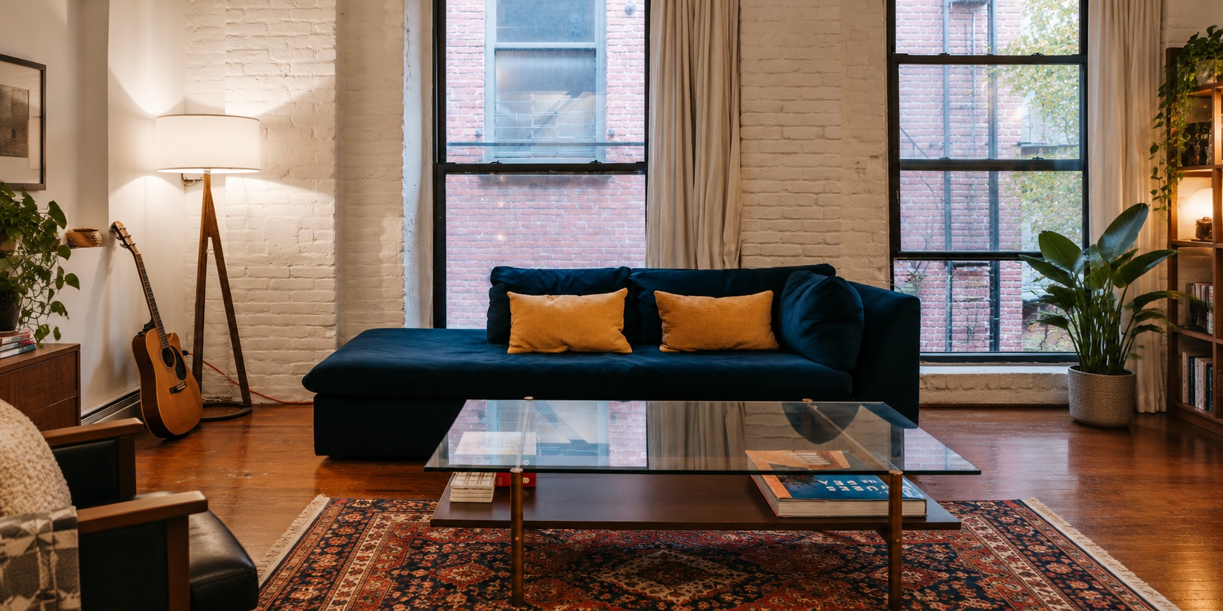 Sala com sofá azul — imagem ilustrativa adaptada de Charlotte May / Pexels